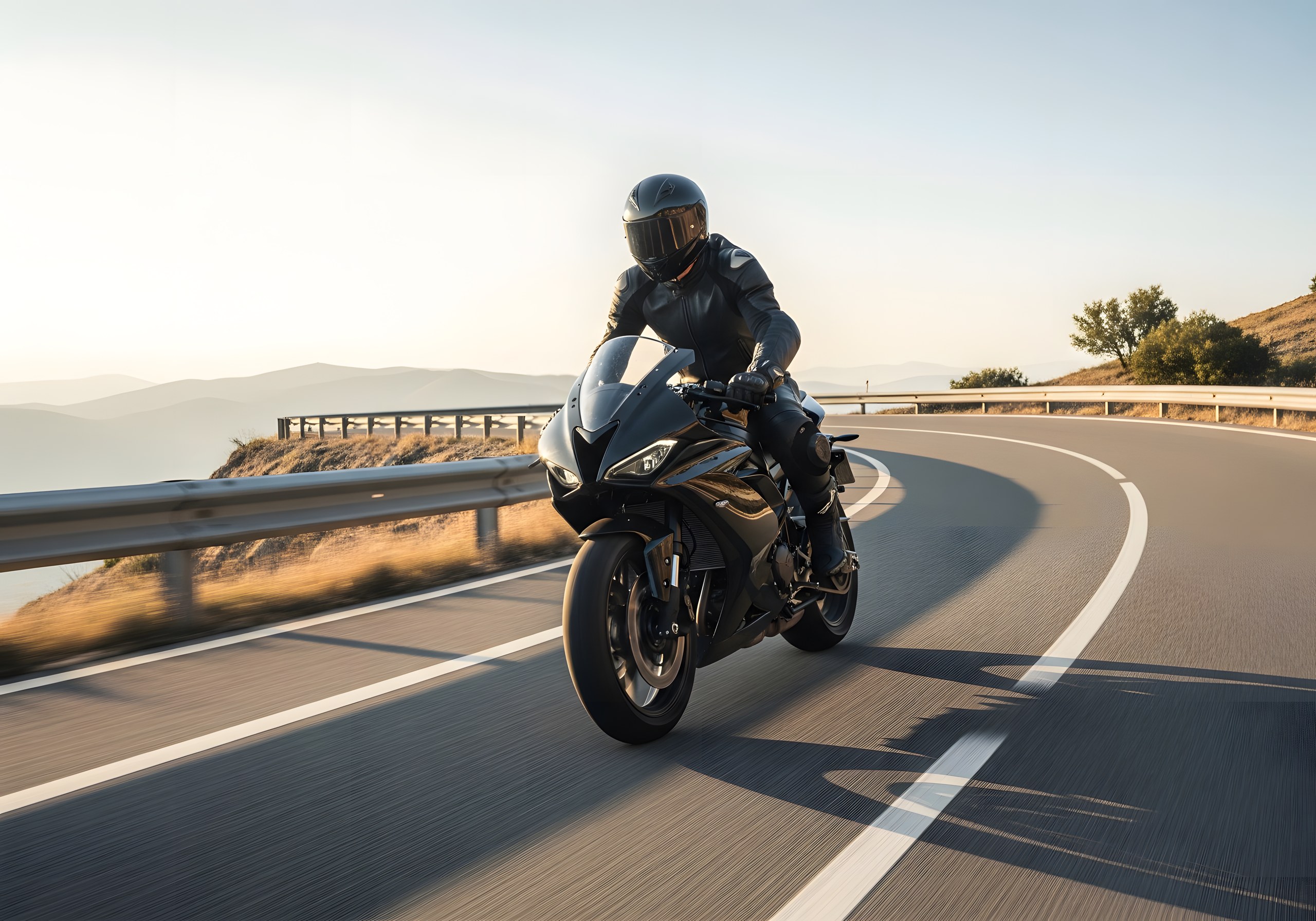 Motero que aún no va a una con su moto en una curva