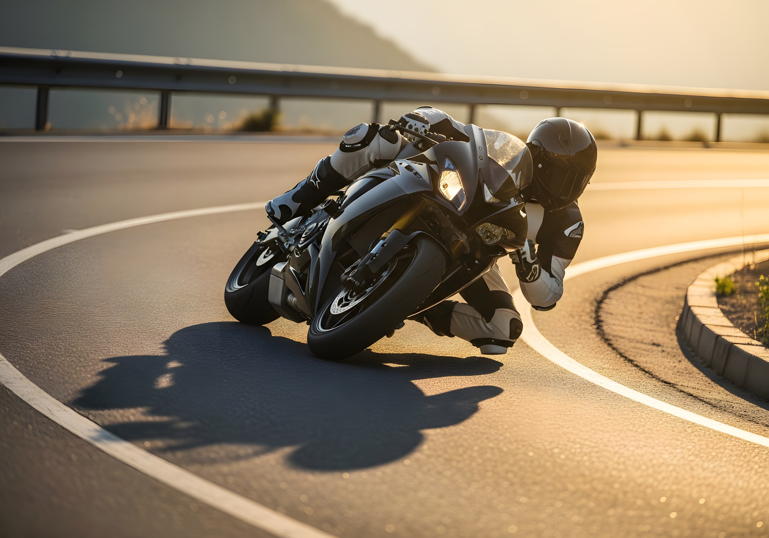 Motero fluyendo, inclinado y unido a su moto en una curva