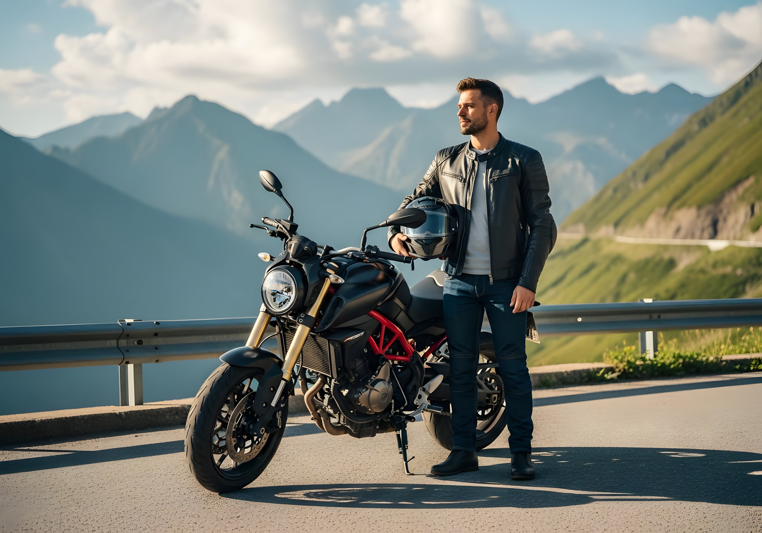 Motero aprendiendo junto a su moto en un mirador